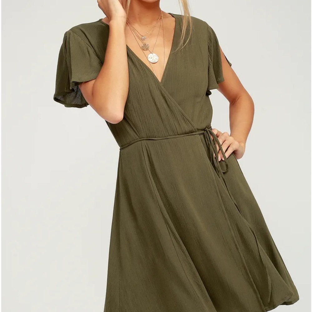 Lulu's Olive Green V-Neck Wrap Short Dress - Picture 2 of 8